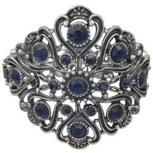 Large Filigree Dark Blue Rhinestone Silver Chunky Hinged Bangle Bracelet
